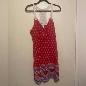 No Boundaries red print dress with cream crocheted neck, sleeveless, W xxl 19